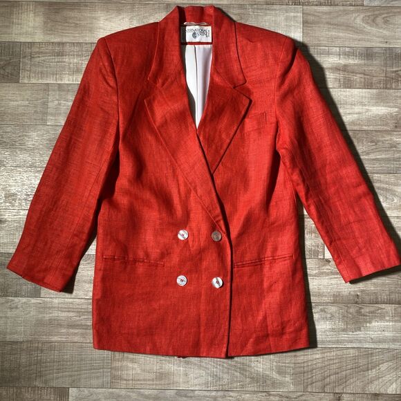 80s Vintage International Scene Red Linen Blazer Lined Double-Breasted Work - Picture 1 of 9